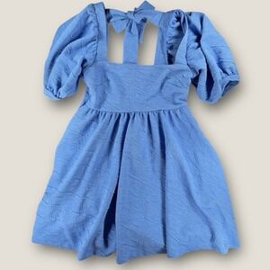 Free People Dress S Babydoll Violet Square Neck Puff Sleeve Tie Back Mini Blue